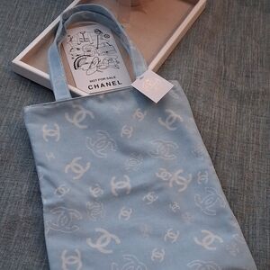 Chanel Blue Logo Canvas Tote Bag - Light Blue